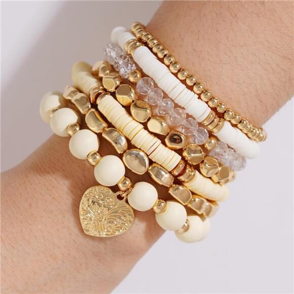 Womens Boho Beaded Bracelets Stackable Clay Surfer Stretch Gold Layering Jewelry - Picture 4 of 8